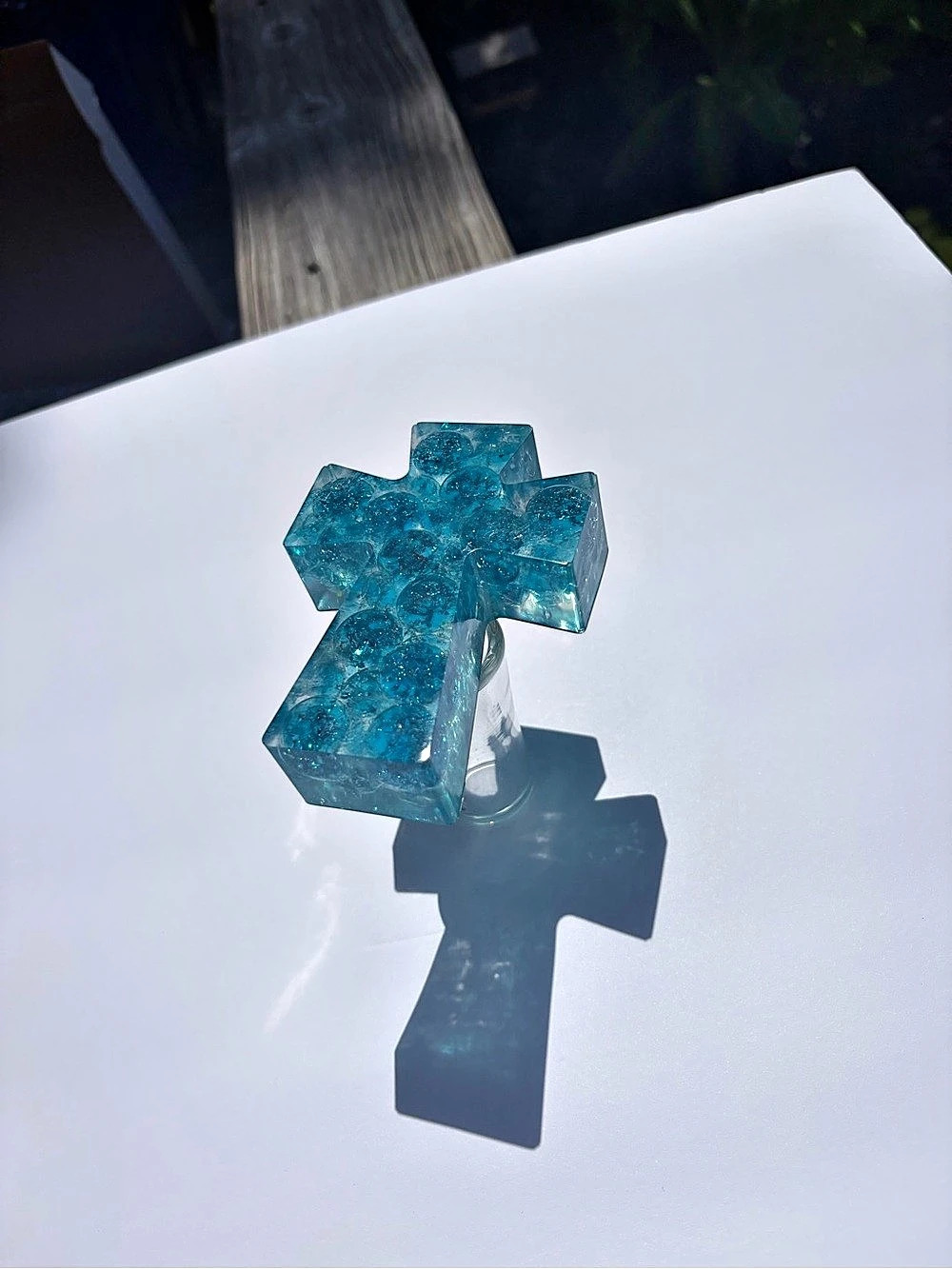 Handmade Blue Marble Resin Cross | One of a Kind Christian Art Decor